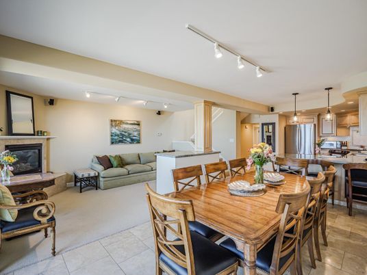 Dining room, Fireplace, Interior, Kitchen, Living room, Pendant Lights