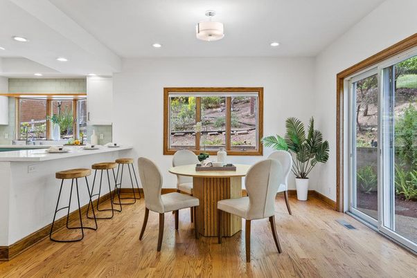 Dining room, Interior, Recessed Lighting, Wood Texture Flooring