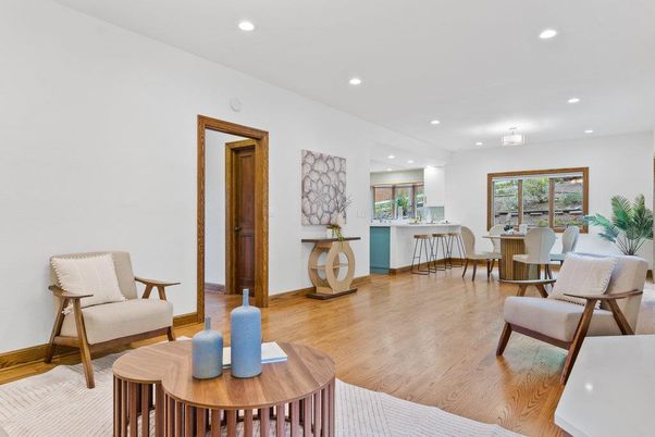 Dining room, Interior, Recessed Lighting, Wood Texture Flooring