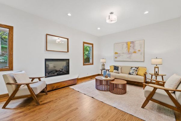 Fireplace, Interior, Living room, Recessed Lighting, Wood Texture Flooring