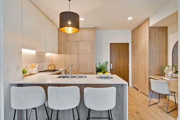 Interior, Kitchen, Pendant Lights, Recessed Lighting, Wood Texture Flooring
