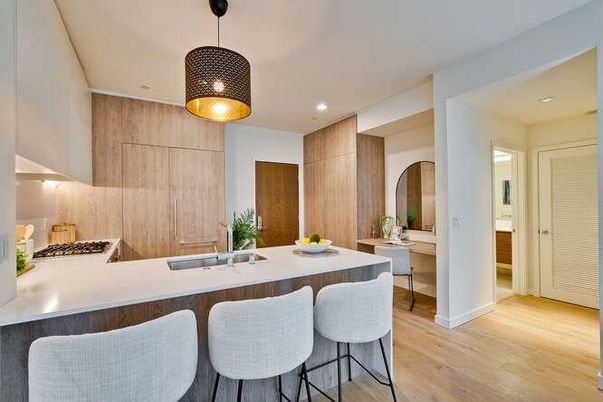 Interior, Kitchen, Pendant Lights, Recessed Lighting, Wood Texture Flooring
