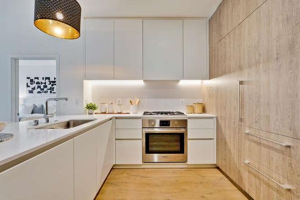Interior, Kitchen, Stainless Steel Appliances, Wood Texture Flooring