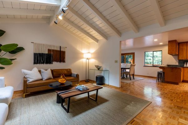 Dining room, Interior, Kitchen, Living room, Recessed Lighting, Wood Texture Flooring