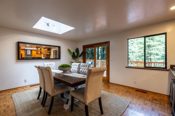 Dining room, Interior, Recessed Lighting, Wood Texture Flooring