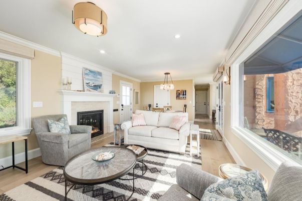 Dining room, Fireplace, Interior, Living room, Pendant Lights, Recessed Lighting, Wood Texture Flooring