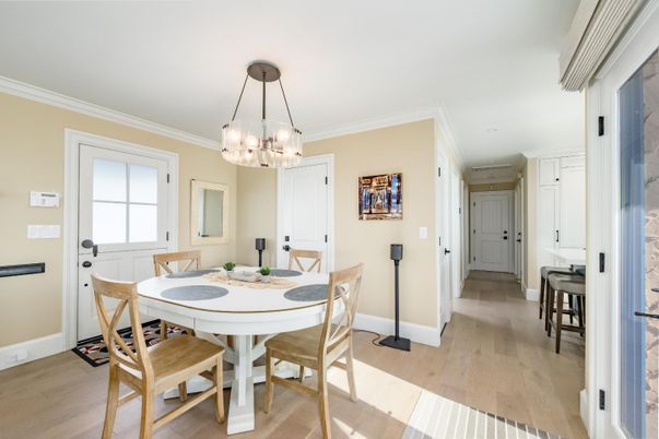Dining room, Interior, Pendant Lights, Wood Texture Flooring