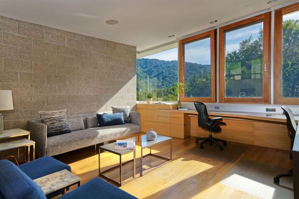 Home Office, Interior, Recessed Lighting, Stone Walls, Wood Texture Flooring