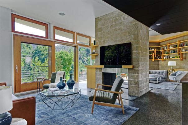 Fireplace, Interior, Living room, Recessed Lighting, Stone Walls