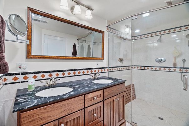 Bathroom, Dual Sink Vanities, Glass Shower, Interior, Recessed Lighting