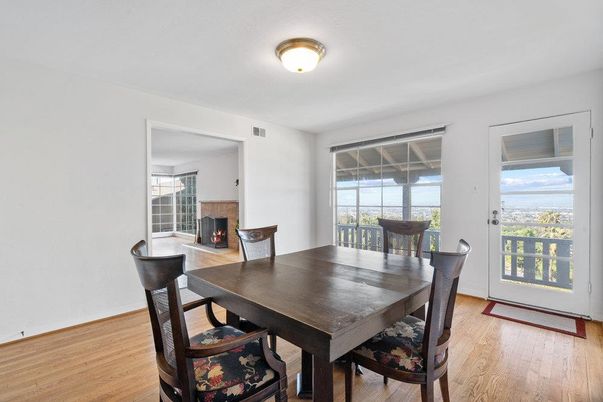 Dining room, Fireplace, Interior, Wood Texture Flooring
