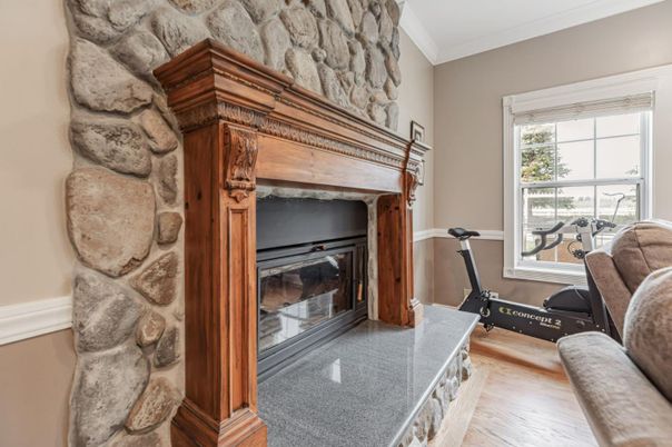 Fireplace, Fitness Equipment, Interior, Stone Walls, Wood Texture Flooring