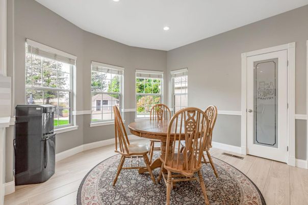 Dining room, Interior, Recessed Lighting, Wood Texture Flooring