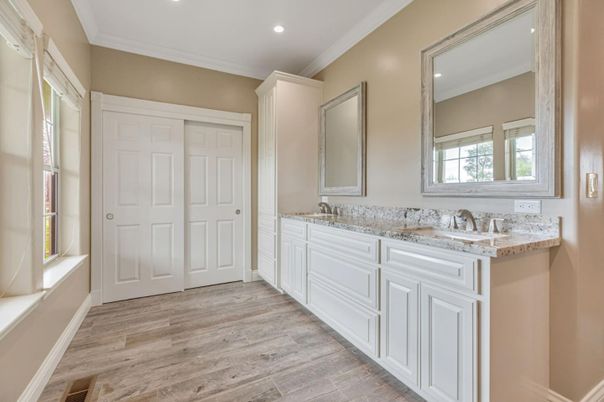 Bathroom, Dual Sink Vanities, Interior, Recessed Lighting, Wood Texture Flooring