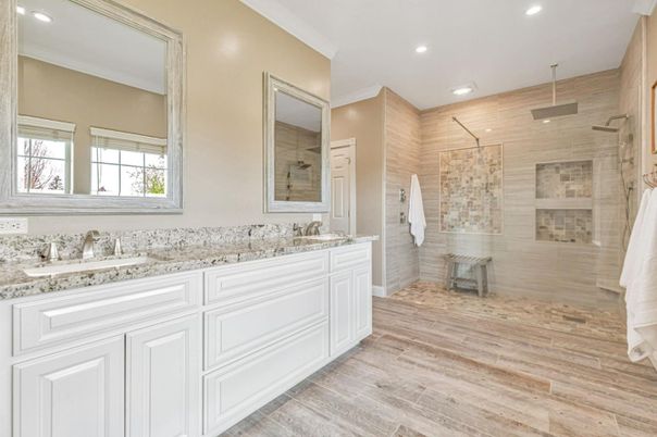 Bathroom, Dual Sink Vanities, Glass Shower, Interior, Recessed Lighting, Wood Texture Flooring