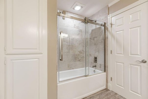 Bathroom, Glass Shower, Interior, Wood Texture Flooring