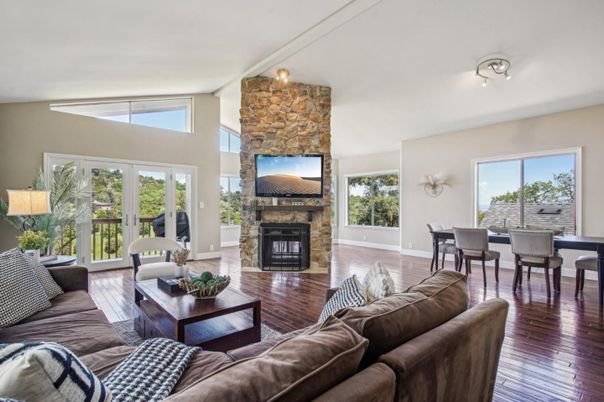 Dining room, Fireplace, Interior, Living room, Stone Walls, Wood Texture Flooring