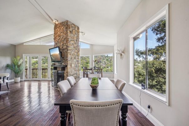 Dining room, Fireplace, Interior, Stone Walls, Wood Texture Flooring