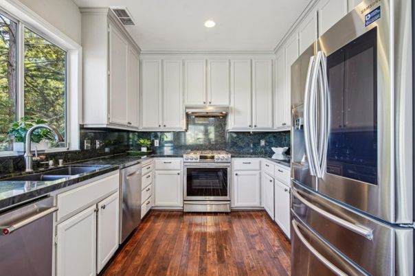 Interior, Kitchen, Recessed Lighting, Stainless Steel Appliances, Wood Texture Flooring
