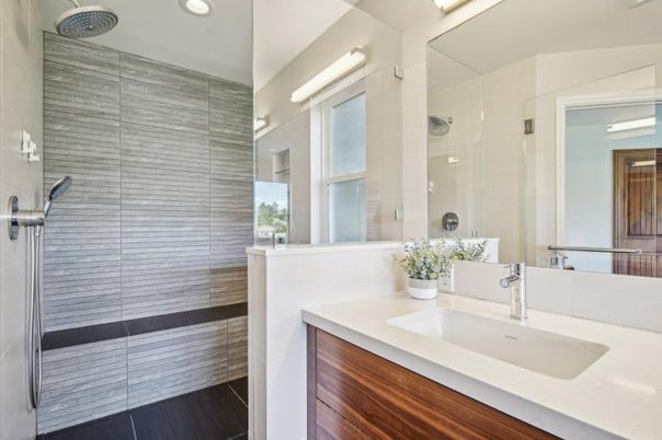 Bathroom, Glass Shower, Interior, Recessed Lighting, Wood Texture Flooring