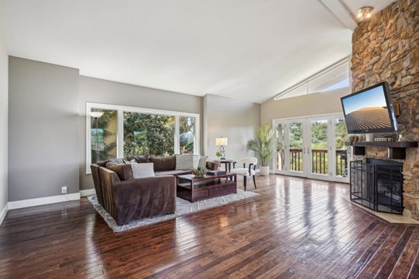 Fireplace, Interior, Living room, Stone Walls, Wood Texture Flooring
