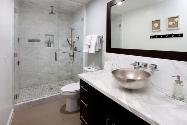 Bathroom, Glass Shower, Interior, Marble Walls, Recessed Lighting