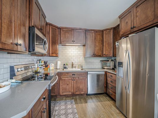 Interior, Kitchen, Stainless Steel Appliances, Wood Texture Flooring