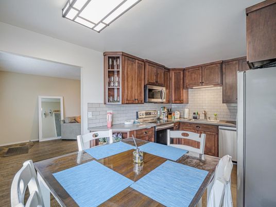 Dining room, Interior, Kitchen, Stainless Steel Appliances, Wood Texture Flooring