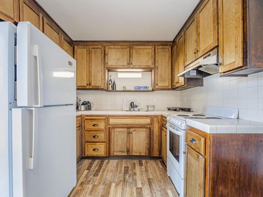 Interior, Kitchen, Tile Countertops, Wood Texture Flooring