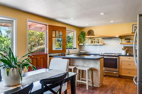 Dining room, Interior, Kitchen, Recessed Lighting, Stainless Steel Appliances, Wood Texture Flooring