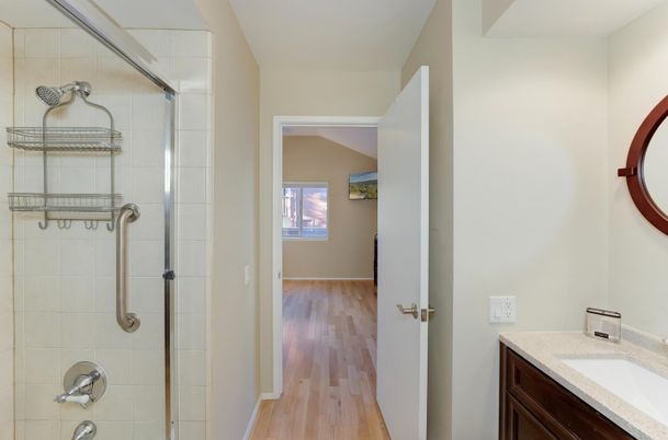 Bathroom, Glass Shower, Interior, Wood Texture Flooring