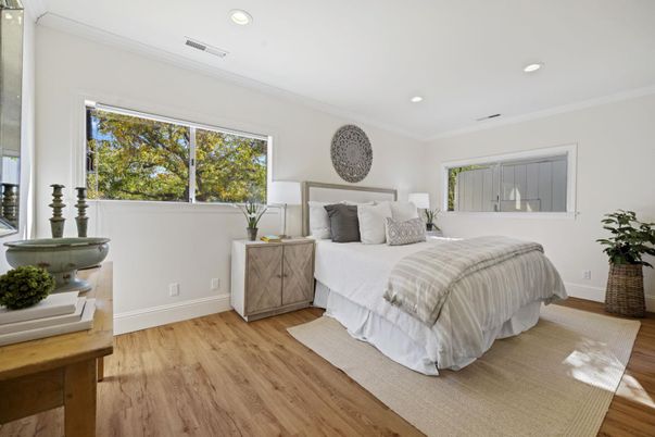 Bedroom, Interior, Recessed Lighting, Wood Texture Flooring