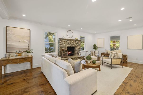 Fireplace, Interior, Living room, Recessed Lighting, Wood Texture Flooring