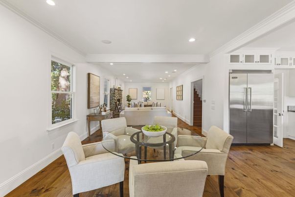 Dining room, Interior, Kitchen, Living room, Recessed Lighting, Stainless Steel Appliances, Wood Texture Flooring