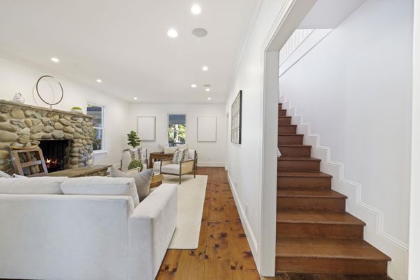 Dining room, Fireplace, Interior, Living room, Recessed Lighting, Wood Texture Flooring