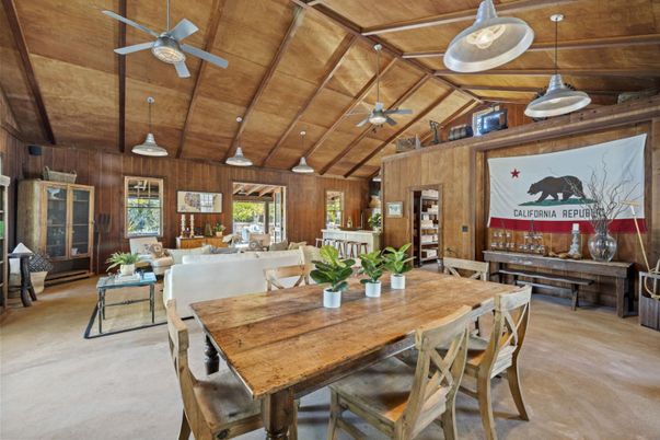 Dining room, Fireplace, Interior, Living room, Pendant Lights, Wooden Beams, Wooden Ceilings, Wooden Walls