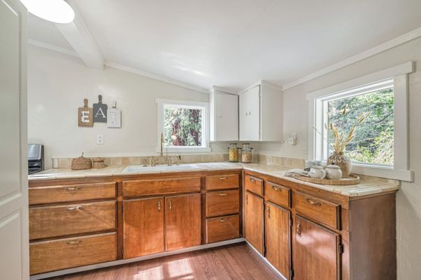 Interior, Kitchen, Tile Countertops, Wood Texture Flooring