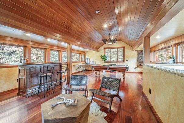 Billiard Table, Game Room, Interior, Recessed Lighting, Wooden Ceilings, Wood Texture Flooring