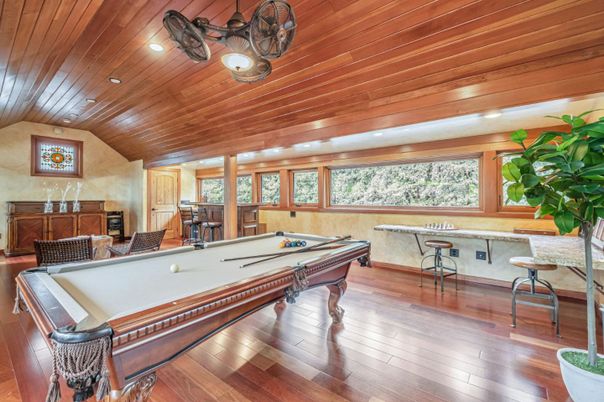 Billiard Table, Game Room, Interior, Recessed Lighting, Wooden Ceilings, Wood Texture Flooring