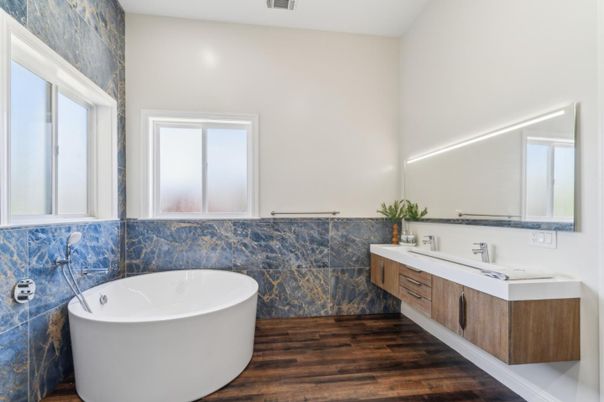 Bathroom, Dual Sink Vanities, Free Standing Baths, Interior, Wood Texture Flooring