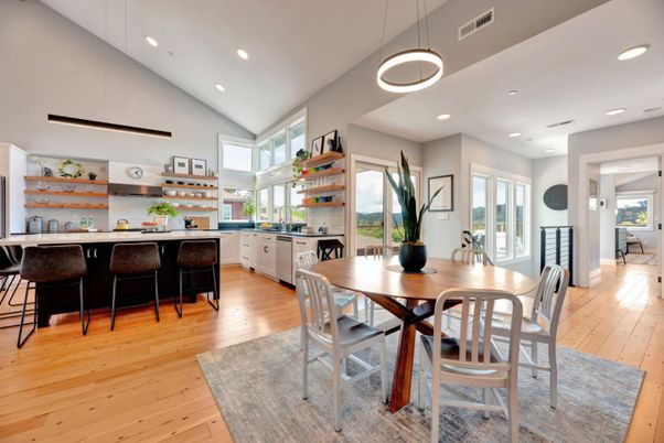 Dining room, Interior, Kitchen, Pendant Lights, Recessed Lighting, Wood Texture Flooring