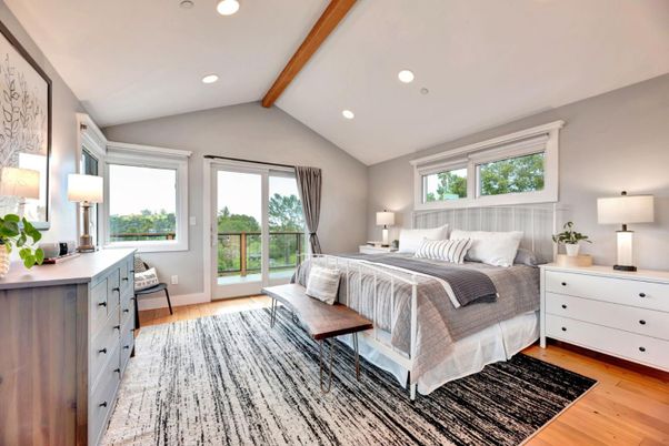 Bedroom, Interior, Recessed Lighting, Wooden Beams, Wood Texture Flooring