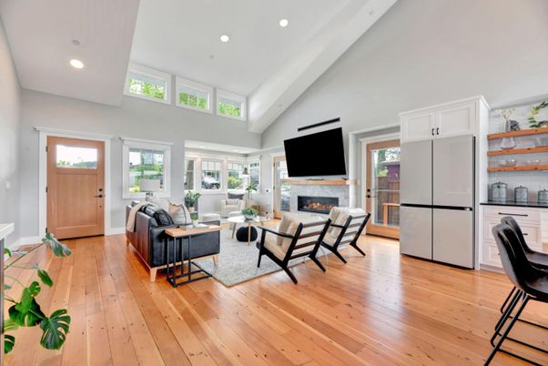 Fireplace, Interior, Living room, Recessed Lighting, Wood Texture Flooring