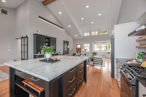 Dining room, Interior, Kitchen, Recessed Lighting, Stainless Steel Appliances, Wooden Beams, Wood Texture Flooring