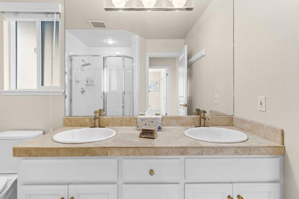 Bathroom, Dual Sink Vanities, Glass Shower, Interior, Tile Countertops