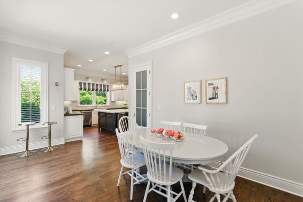 Dining room, Interior, Kitchen, Pendant Lights, Recessed Lighting, Wood Texture Flooring