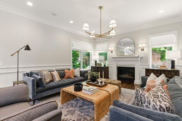 Fireplace, Interior, Living room, Pendant Lights, Recessed Lighting, Wood Texture Flooring