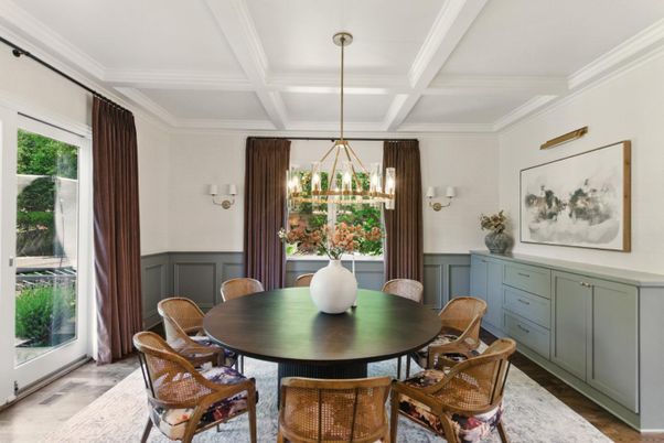 Dining room, Interior, Pendant Lights, Wood Texture Flooring