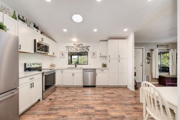 Interior, Kitchen, Recessed Lighting, Stainless Steel Appliances, Wood Texture Flooring
