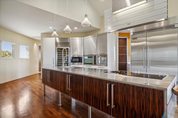 Interior, Kitchen, Pendant Lights, Recessed Lighting, Stainless Steel Appliances, Wood Texture Flooring